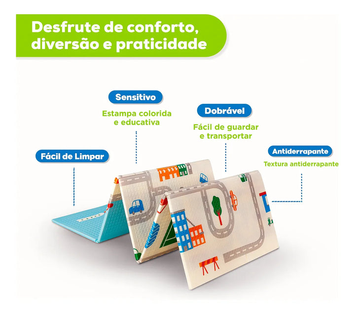 Tapete Infantil Emborrachado Sensorial Dobrável Dupla Face Educativo Cidade I Love Baby